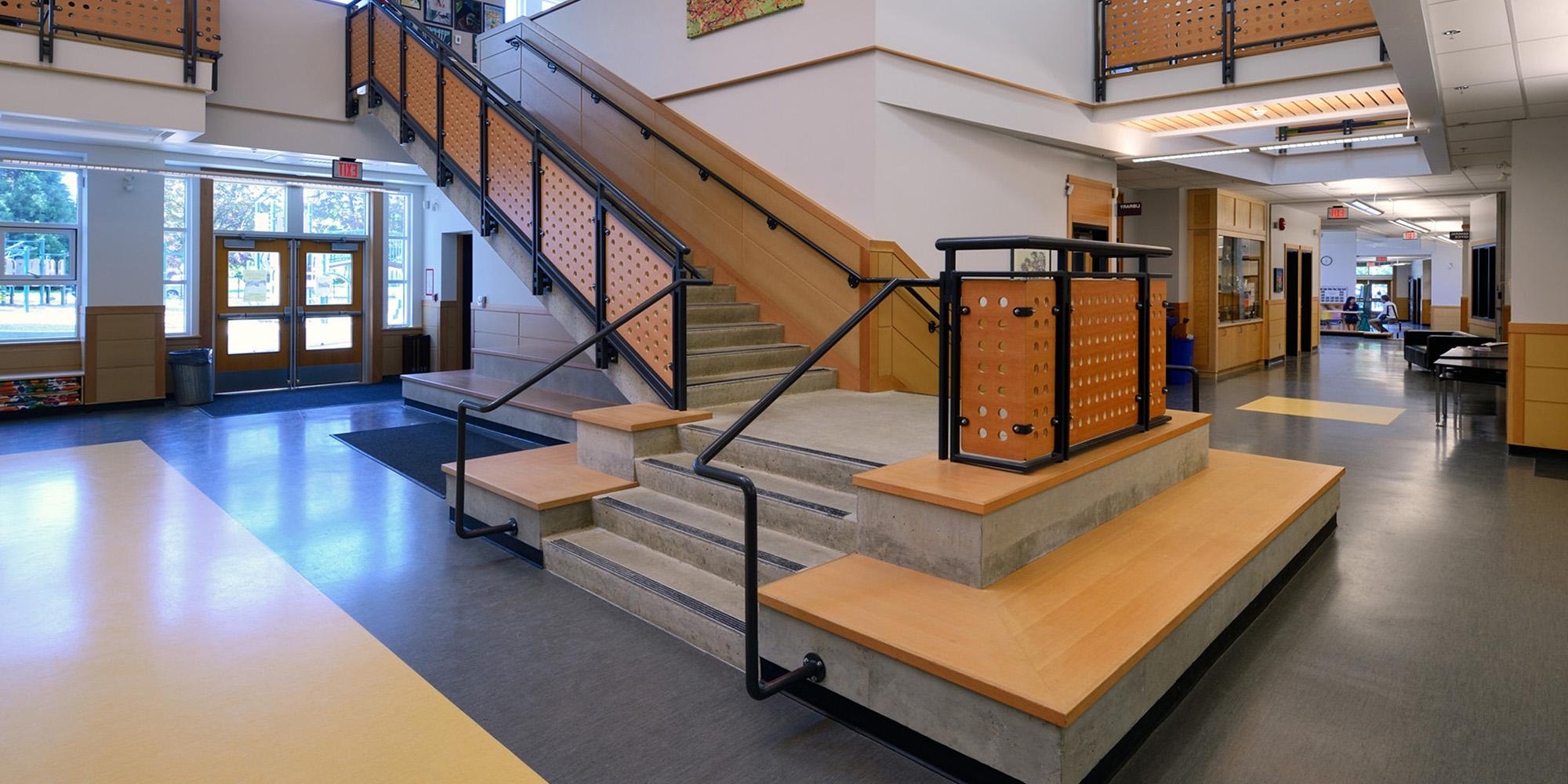 Staircase inside Lord Kitchener Elementary School in Vancouver